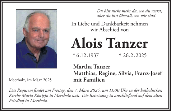 Traueranzeige von Alois Tanzer von Gelnhäuser Neue Zeitung