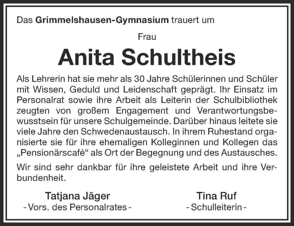  Traueranzeige für Anita Schultheis vom 05.04.2025 aus Gelnhäuser Neue Zeitung