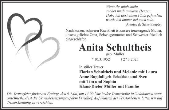 Traueranzeige von Anita Schultheis von Gelnhäuser Neue Zeitung