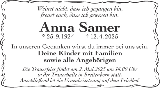 Traueranzeige von Anna Samer von Gelnhäuser Neue Zeitung