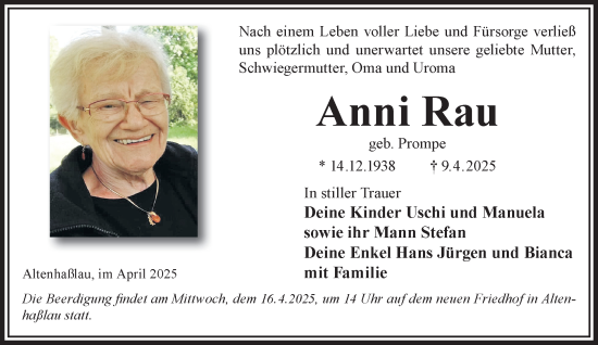 Traueranzeige von Anni Rau von Gelnhäuser Neue Zeitung