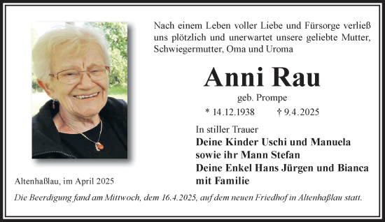 Traueranzeige von Anni Rau von Mittelhessen-Bote