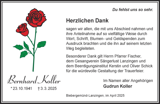 Traueranzeige von Bernhard Koller von Mittelhessen-Bote