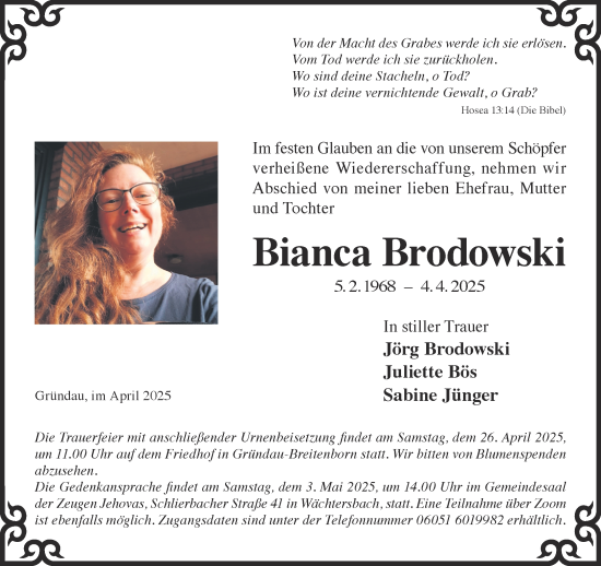 Traueranzeige von Bianca Brodowski von Mittelhessen-Bote