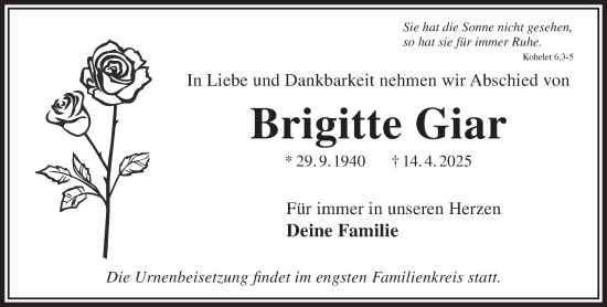 Traueranzeige von Brigitte Giar von Gelnhäuser Neue Zeitung