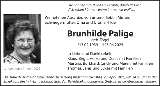 Traueranzeige von Brunhilde Palige von Gelnhäuser Neue Zeitung