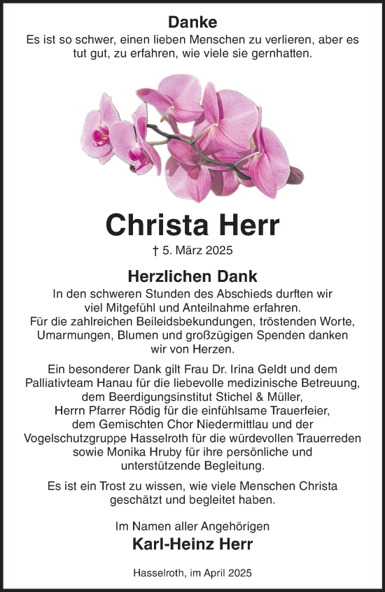 Traueranzeige von Christa Herr von Gelnhäuser Neue Zeitung