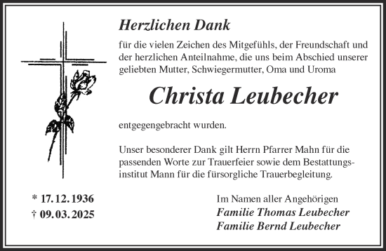 Traueranzeige von Christa Leubecher von Mittelhessen-Bote