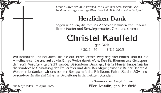 Traueranzeige von Christel Kauffeld von Gelnhäuser Neue Zeitung