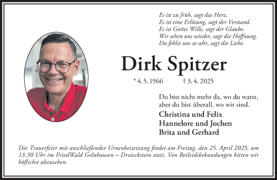 Traueranzeige von Dirk Spitzer von Gelnhäuser Neue Zeitung