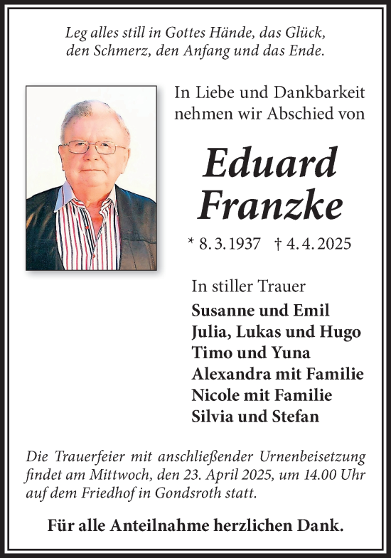 Traueranzeige von Eduard Franzke von Gelnhäuser Neue Zeitung