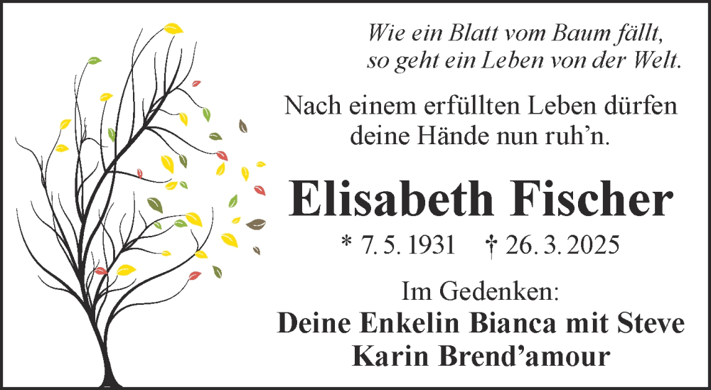  Traueranzeige für Elisabeth Fischer vom 05.04.2025 aus Mittelhessen-Bote