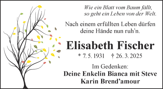 Traueranzeige von Elisabeth Fischer von Gelnhäuser Neue Zeitung