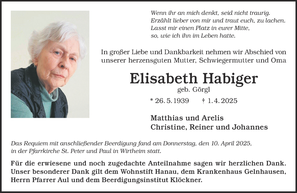  Traueranzeige für Elisabeth Habiger vom 12.04.2025 aus Mittelhessen-Bote