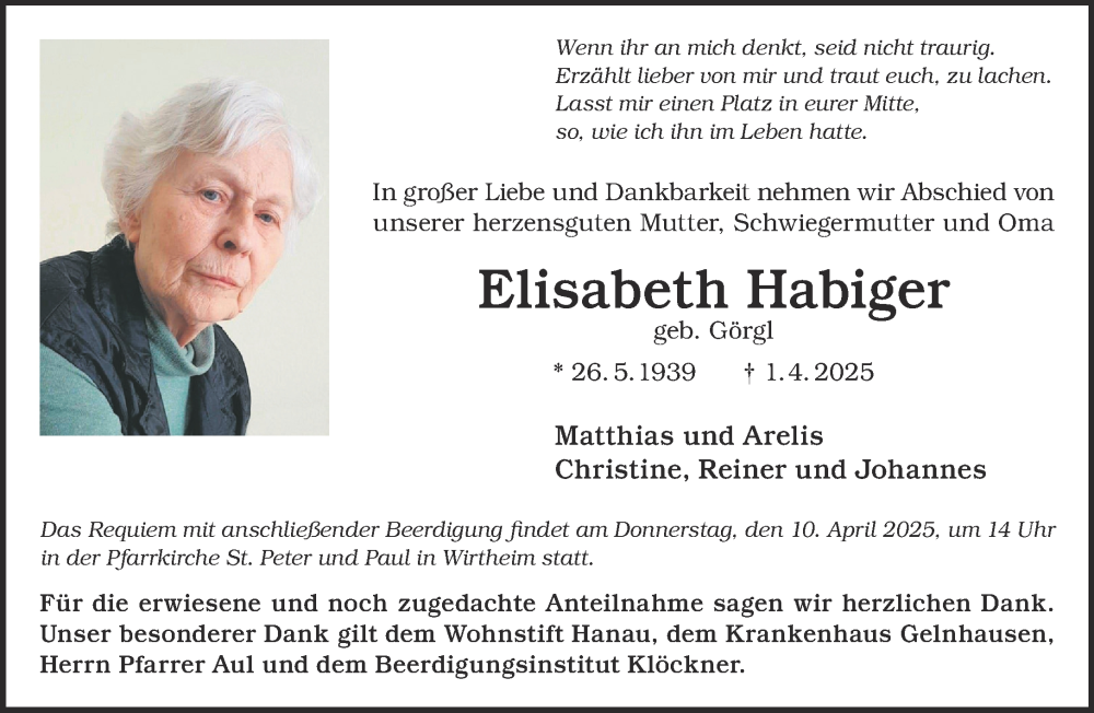  Traueranzeige für Elisabeth Habiger vom 05.04.2025 aus Gelnhäuser Neue Zeitung