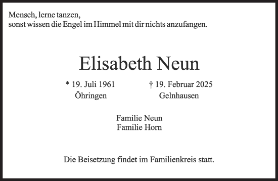 Traueranzeige von Elisabeth Neun von Gelnhäuser Neue Zeitung
