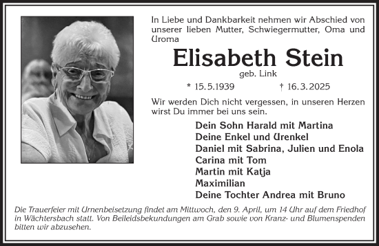 Traueranzeige von Elisabeth Stein von Gelnhäuser Neue Zeitung