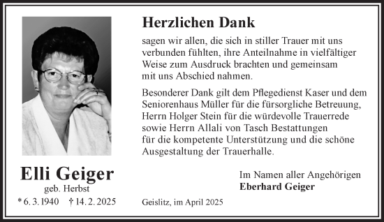 Traueranzeige von Elli Geiger von Gelnhäuser Neue Zeitung