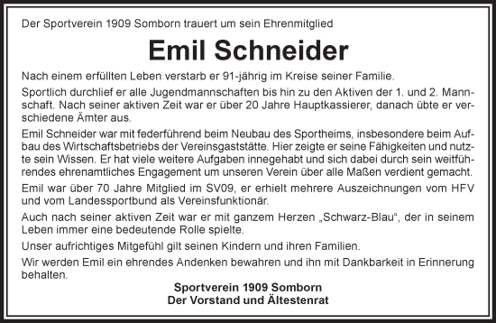 Traueranzeige von Emil Schneider von Gelnhäuser Neue Zeitung