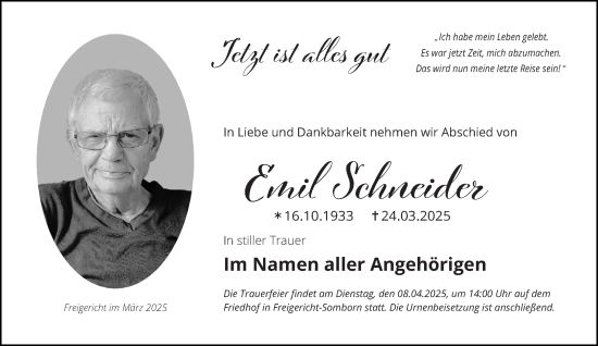 Traueranzeige von Emil Schneider von Gelnhäuser Neue Zeitung