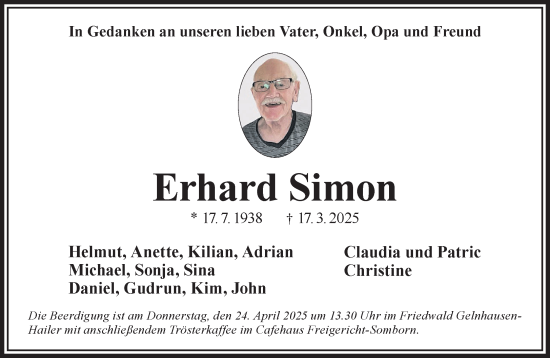 Traueranzeige von Erhard Simon von Gelnhäuser Neue Zeitung