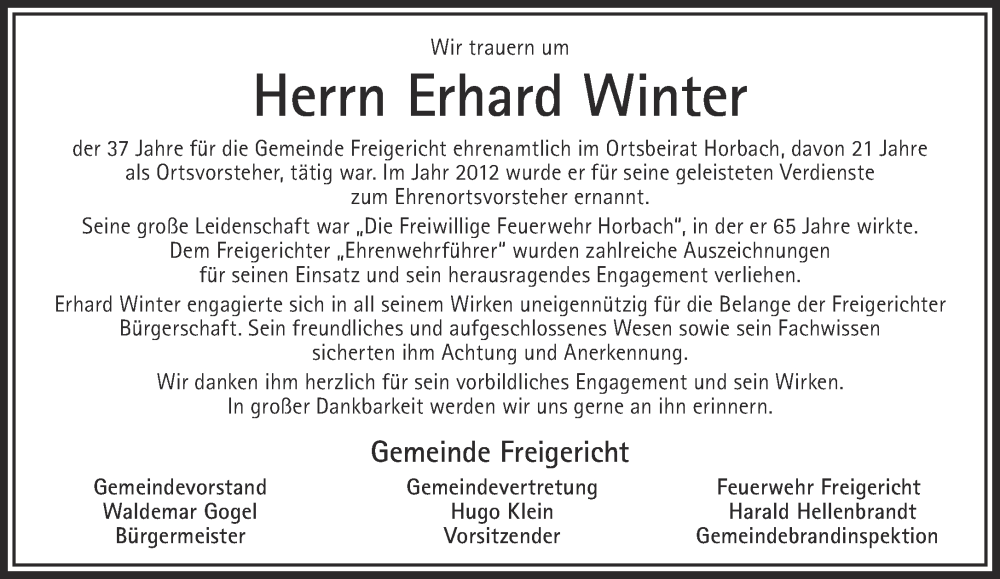  Traueranzeige für Erhard Winter vom 01.03.2025 aus Mittelhessen-Bote