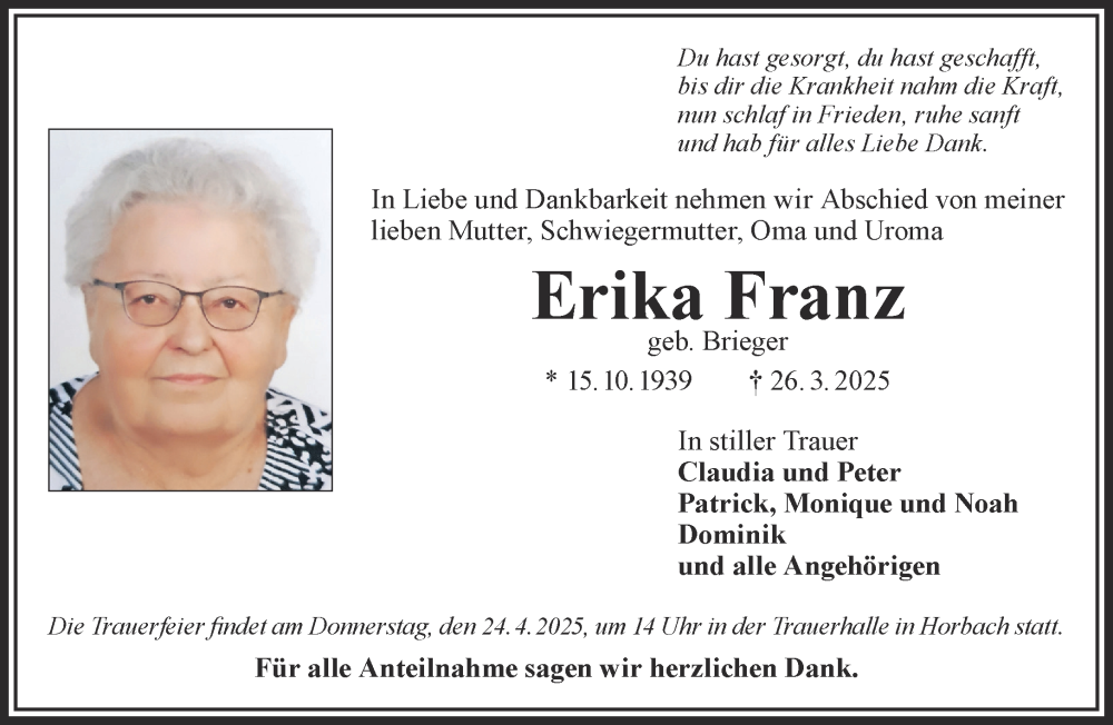  Traueranzeige für Erika Franz vom 05.04.2025 aus Gelnhäuser Neue Zeitung