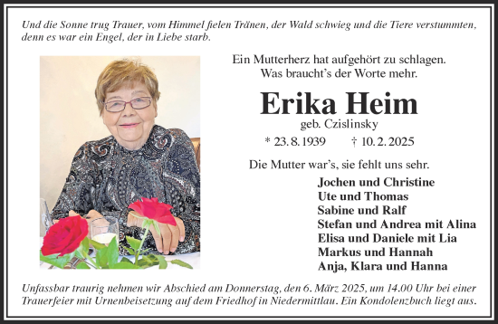 Traueranzeige von Erika Heim von Mittelhessen-Bote