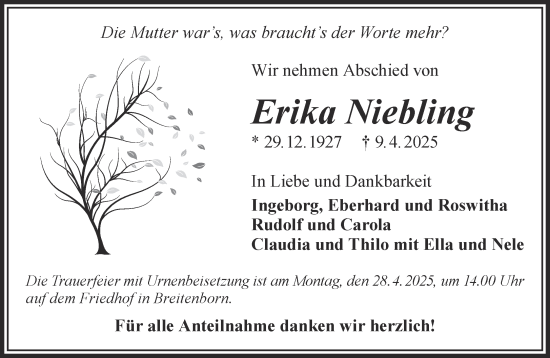 Traueranzeige von Erika Niebling von Gelnhäuser Neue Zeitung