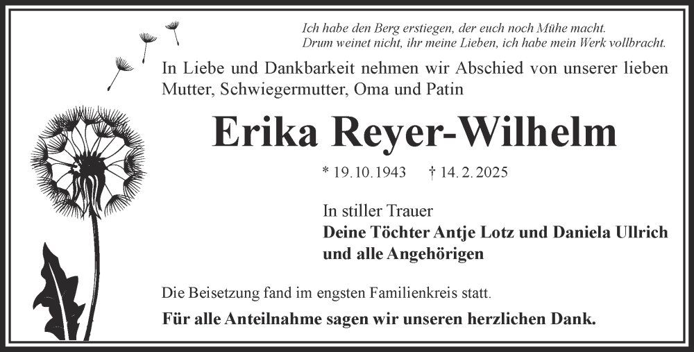  Traueranzeige für Erika Reyer-Wilhelm vom 01.03.2025 aus Gelnhäuser Neue Zeitung
