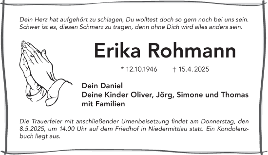 Traueranzeige von Erika Rohmann von Gelnhäuser Neue Zeitung