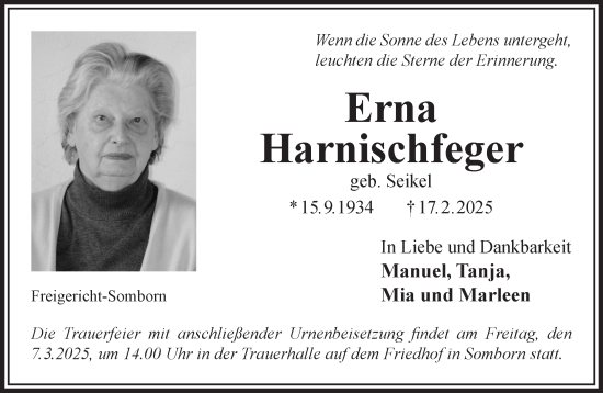 Traueranzeige von Erna Harnischfeger von Gelnhäuser Neue Zeitung