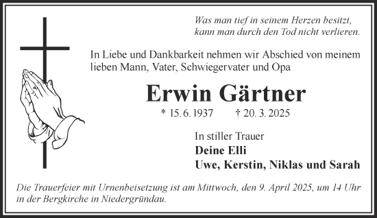 Traueranzeige von Erwin Gärtner von Gelnhäuser Neue Zeitung