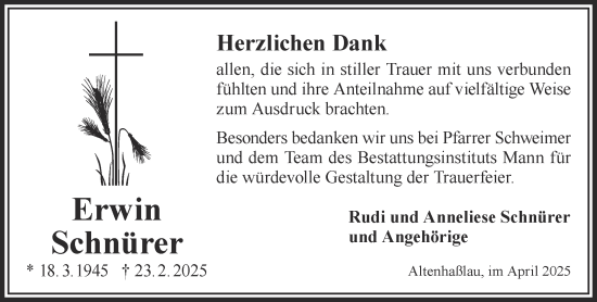 Traueranzeige von Erwin Schnürer von Gelnhäuser Neue Zeitung