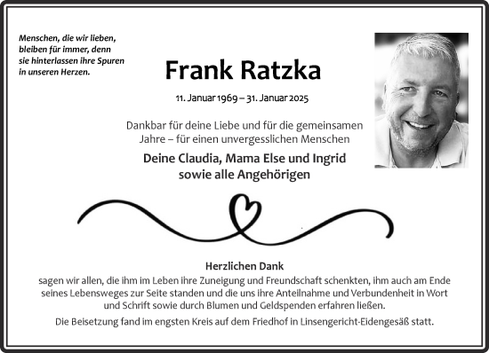 Traueranzeige von Frank Ratzka von Gelnhäuser Neue Zeitung