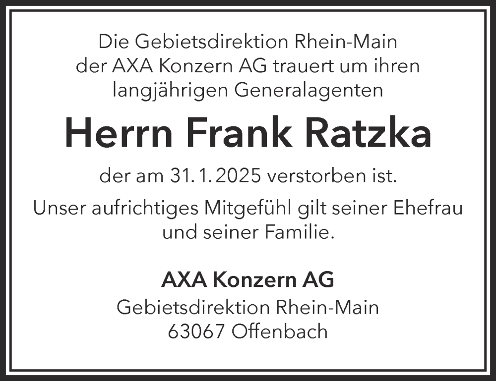  Traueranzeige für Frank Ratzka vom 01.03.2025 aus Gelnhäuser Neue Zeitung