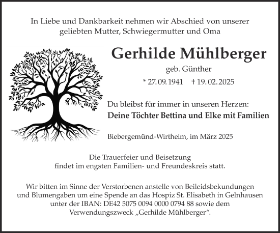 Traueranzeige von Gerhilde Mühlberger von Gelnhäuser Neue Zeitung