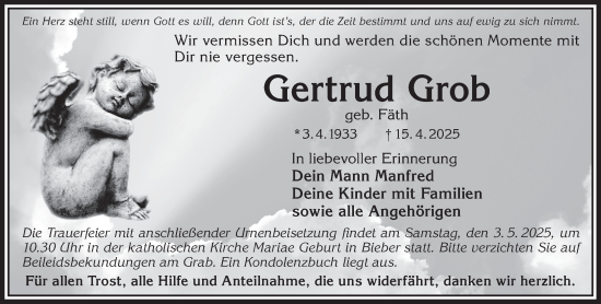 Traueranzeige von Gertrud Grob von Gelnhäuser Neue Zeitung