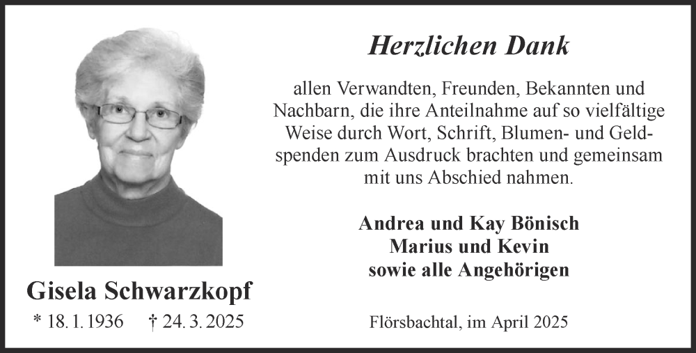  Traueranzeige für Gisela Schwarzkopf vom 19.04.2025 aus Mittelhessen-Bote
