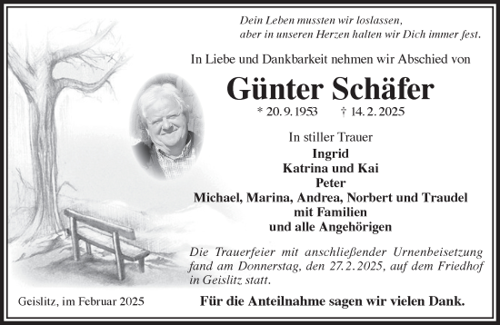 Traueranzeige von Günter Schäfer von Mittelhessen-Bote