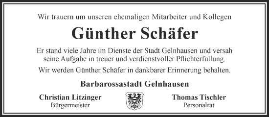 Traueranzeige von Günther Schäfer von Gelnhäuser Neue Zeitung