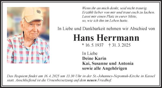 Traueranzeige von Hans Herrmann von Gelnhäuser Neue Zeitung