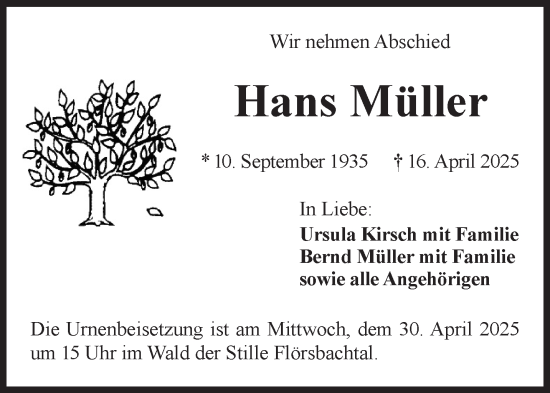Traueranzeige von Hans Müller von Gelnhäuser Neue Zeitung