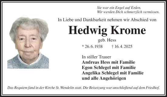 Traueranzeige von Hedwig Krome von Mittelhessen-Bote