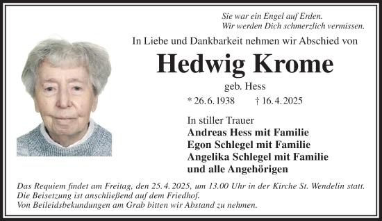 Traueranzeige von Hedwig Krome von Gelnhäuser Neue Zeitung