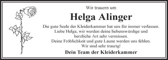 Traueranzeige von Helga Alinger von Mittelhessen-Bote