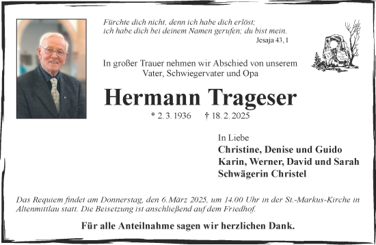Traueranzeige von Hermann Trageser von Gelnhäuser Neue Zeitung