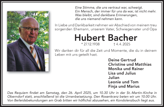 Traueranzeige von Hubert Bacher von Gelnhäuser Neue Zeitung