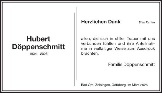 Traueranzeige von Hubert Döppenschmitt von Mittelhessen-Bote