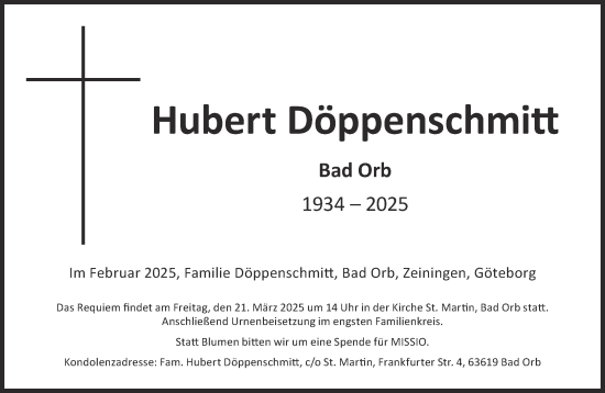 Traueranzeige von Hubert Döppenschmitt von Mittelhessen-Bote